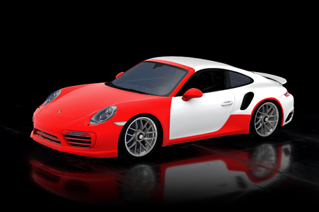 Red and white Porsche sports car with a glossy finish and reflective surface against a black backdrop.