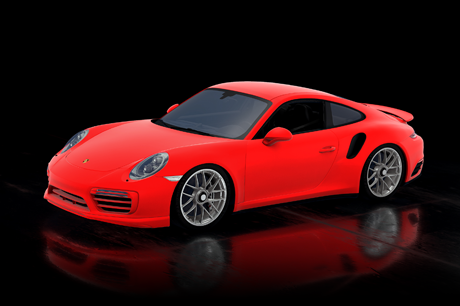 Red Porsche sports car on a reflective black surface.
