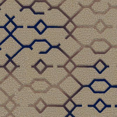 Abstract geometric pattern on beige fabric with interlocking blue and brown hexagonal lines.
