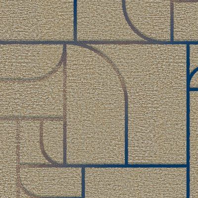 Abstract beige and blue geometric wallpaper with curved and straight line patterns