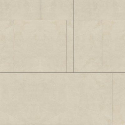 Beige stone tile wall with thin gray grout lines in a staggered pattern