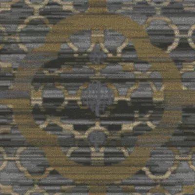 Abstract gray and gold patterned fabric with a central circular motif