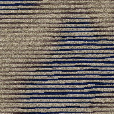 Close-up of beige fabric with horizontal dark blue stripes and a subtle wave pattern