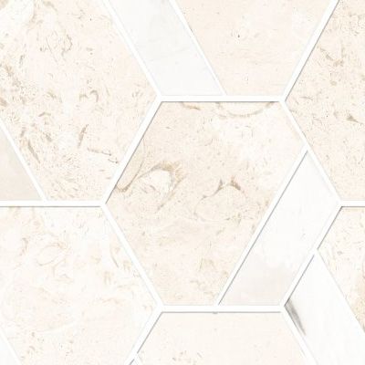 White hexagonal marble tile pattern with subtle beige veining and light grout lines