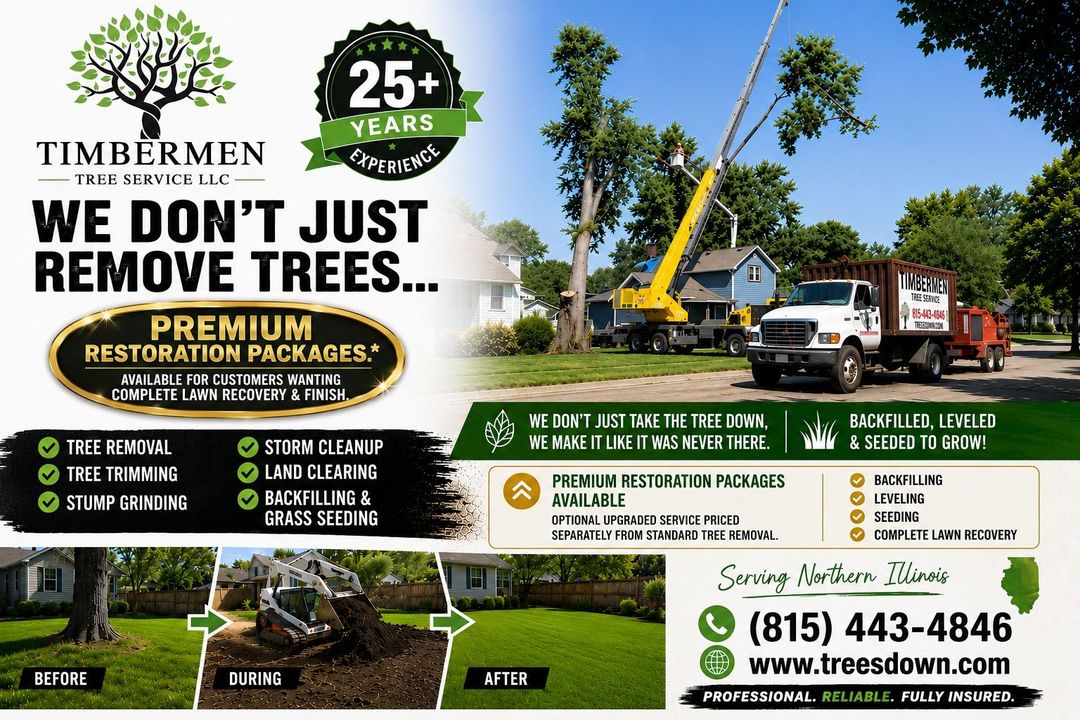 Tree service ad with crane removing large trees; green-and-white branding and contact info for Freesdown Tree Service.