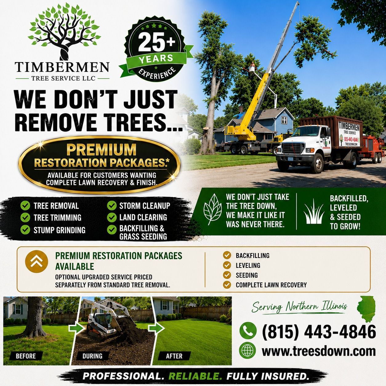 Timbermen tree service ad: We don’t just remove trees, with truck, crane, and restoration package details.