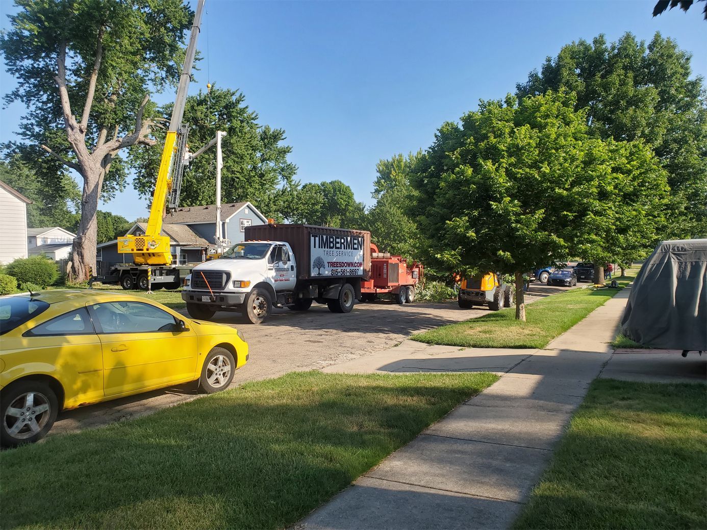 A yellow car is parked in front of a tree cutting truck.