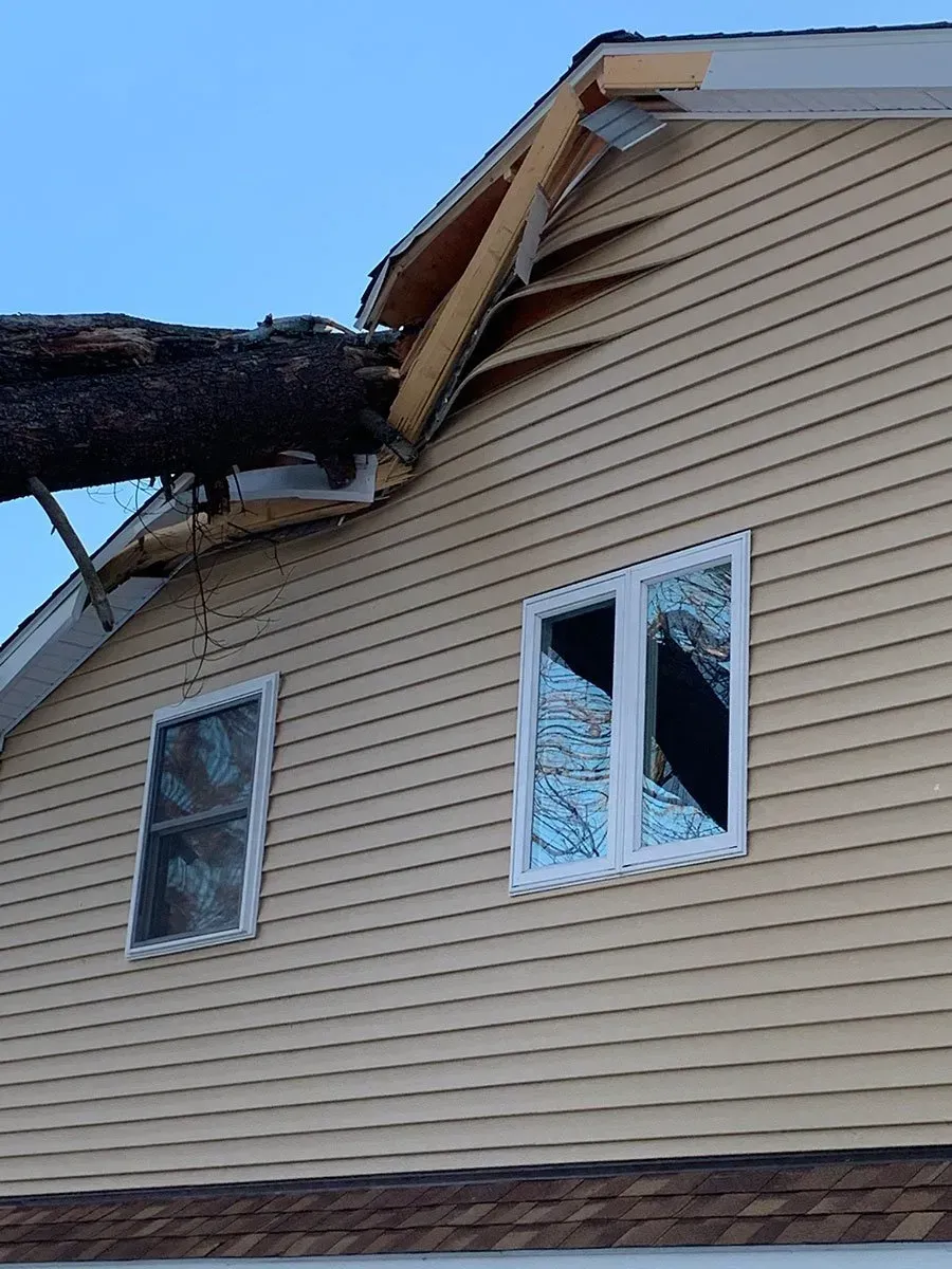 Tree fallen on a yellow house roof, damaging siding and the structure near a window.