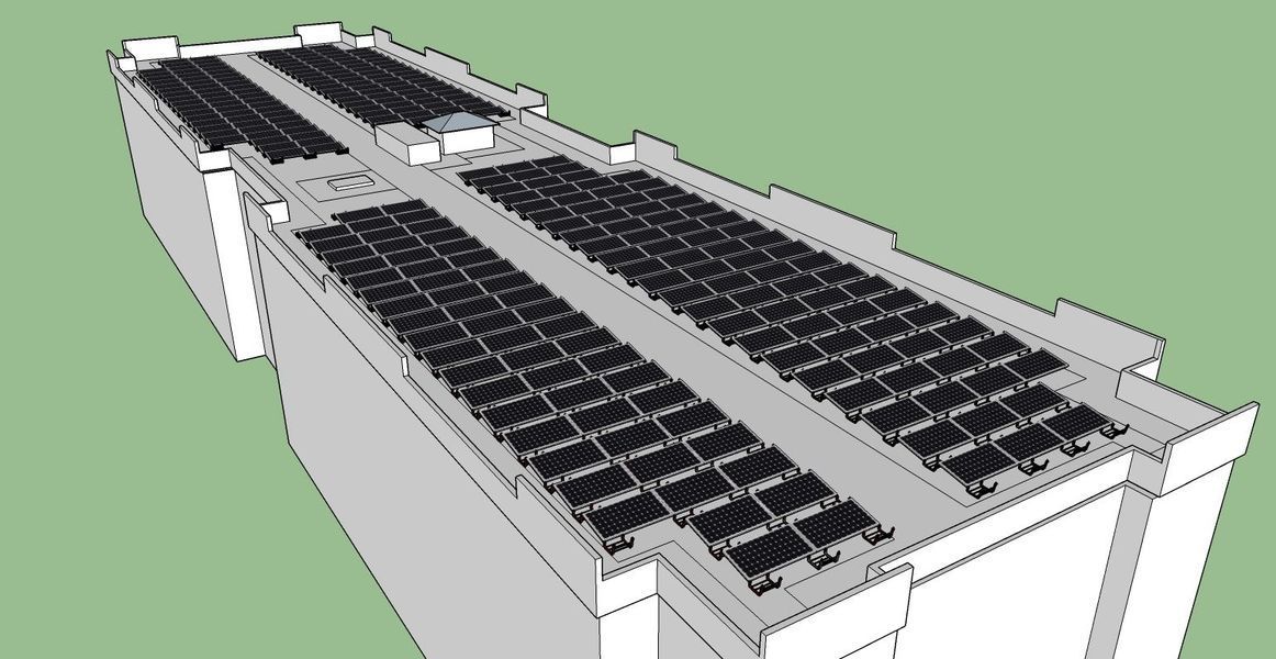 3D rendering of a building rooftop covered with solar panels, angled perspective view.