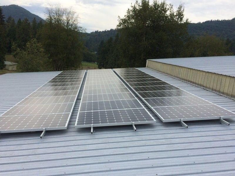 Solar panels installed on a metal roof, with trees and a mountain in the background.