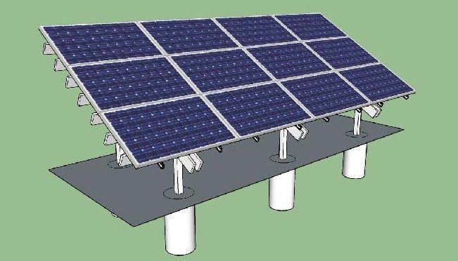 Solar panel array on a raised platform, angled for sun exposure, mounted on white cylindrical supports.