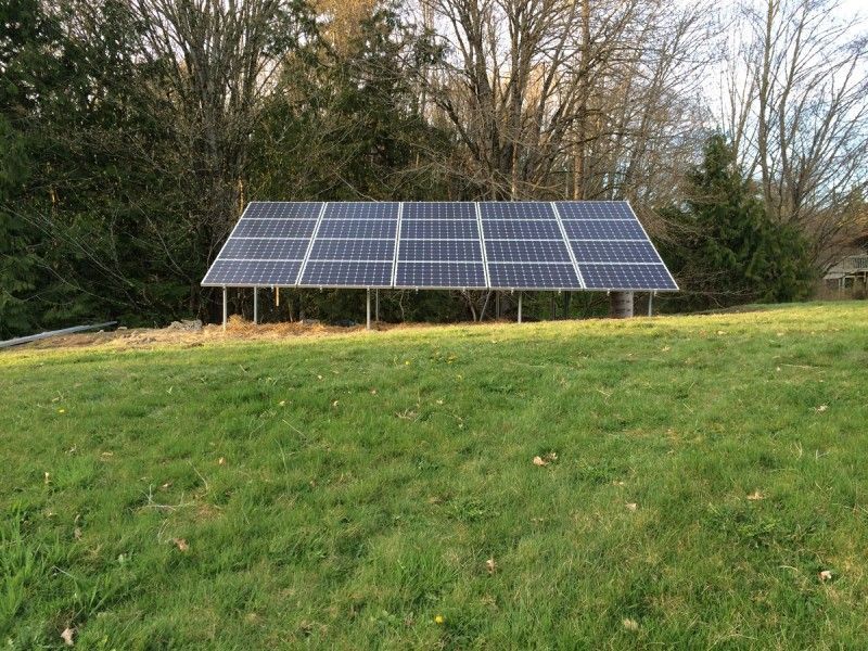 Solar panel array in a grassy yard, with trees in the background.