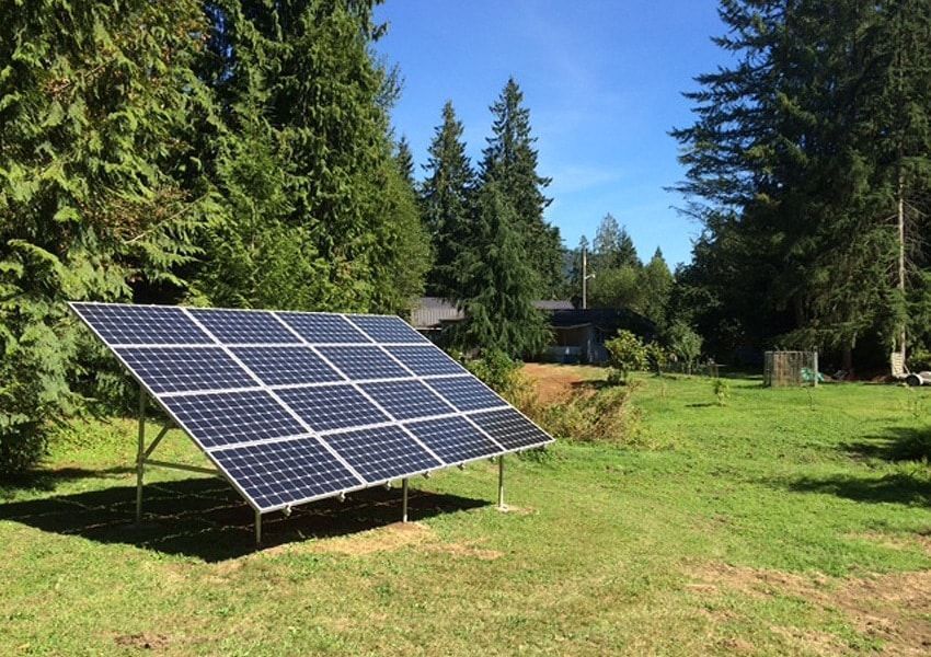 Solar panel array in a grassy yard, with trees and a blue sky in the background.