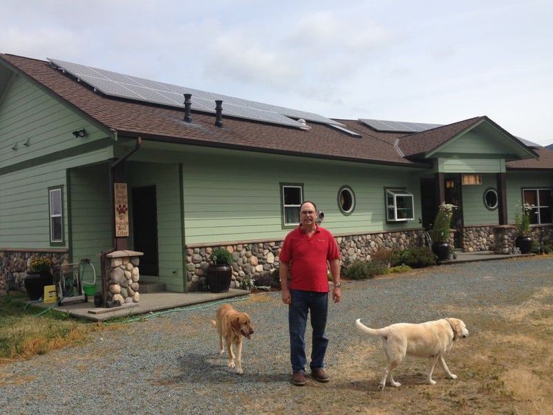 Man in red shirt stands with two dogs in front of a green house with solar panels.