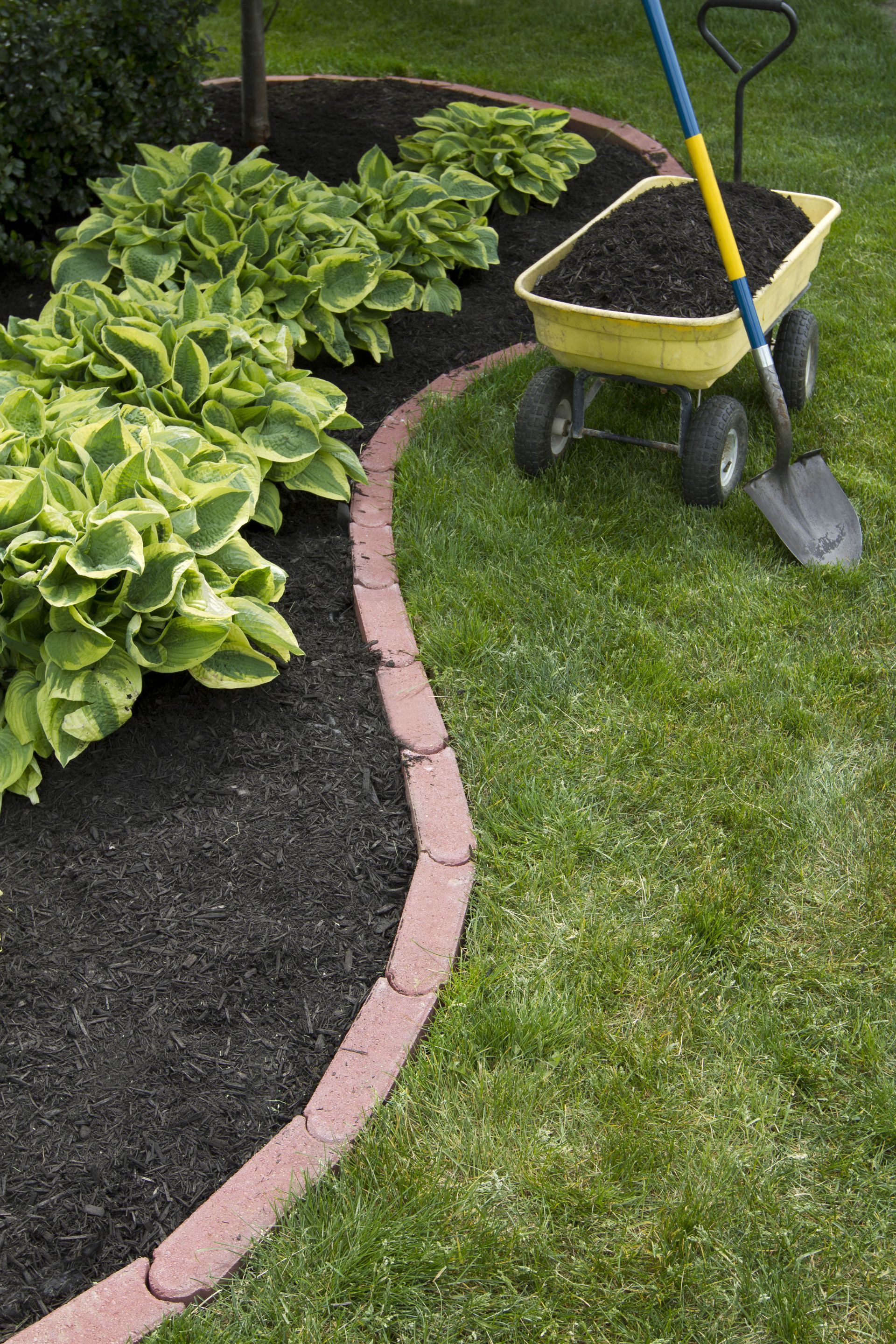 A wheelbarrow filled with dirt and a shovel in a garden.