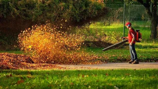 A man is blowing leaves in a park with a leaf blower.