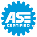 Blue ASE Certified gear-shaped logo with white text