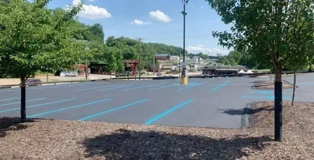 Empty parking lot with blue lines, trees, and buildings in the background under a blue sky.