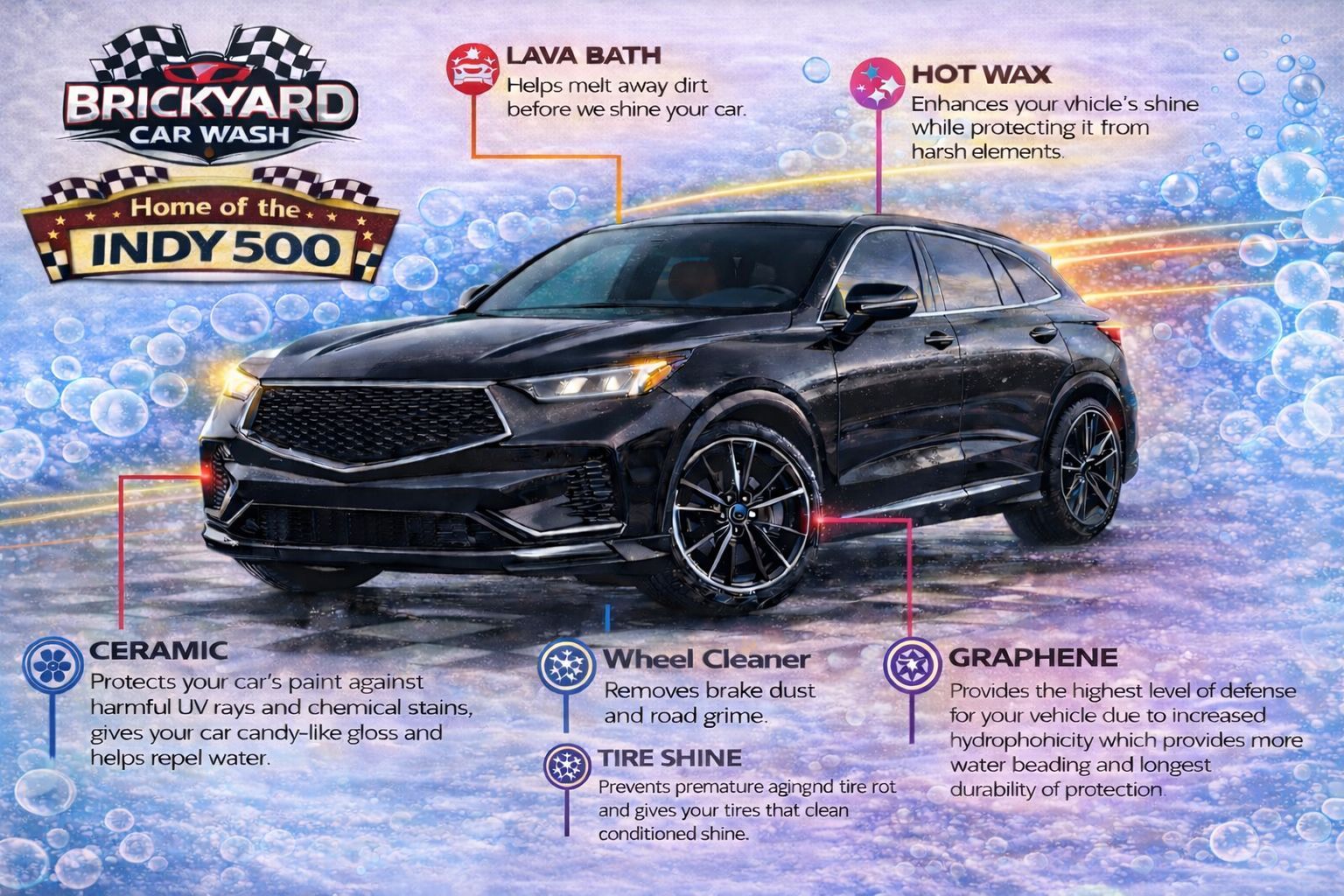 Brickyard Car Wash advertisement. Black SUV, service highlights: Lava Bath, Hot Wax, Ceramic, Wheel Cleaner, Tire Shine, and Graphite.