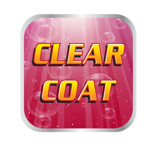 Clear Coat logo: orange text on pink, with bubbles and light rays.