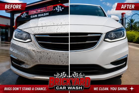 Before-and-after car wash ad showing a dirty gray car transformed into a clean white car.