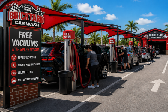 Bright red car wash bays with people vacuuming cars under a canopy, free vacuums sign at entrance