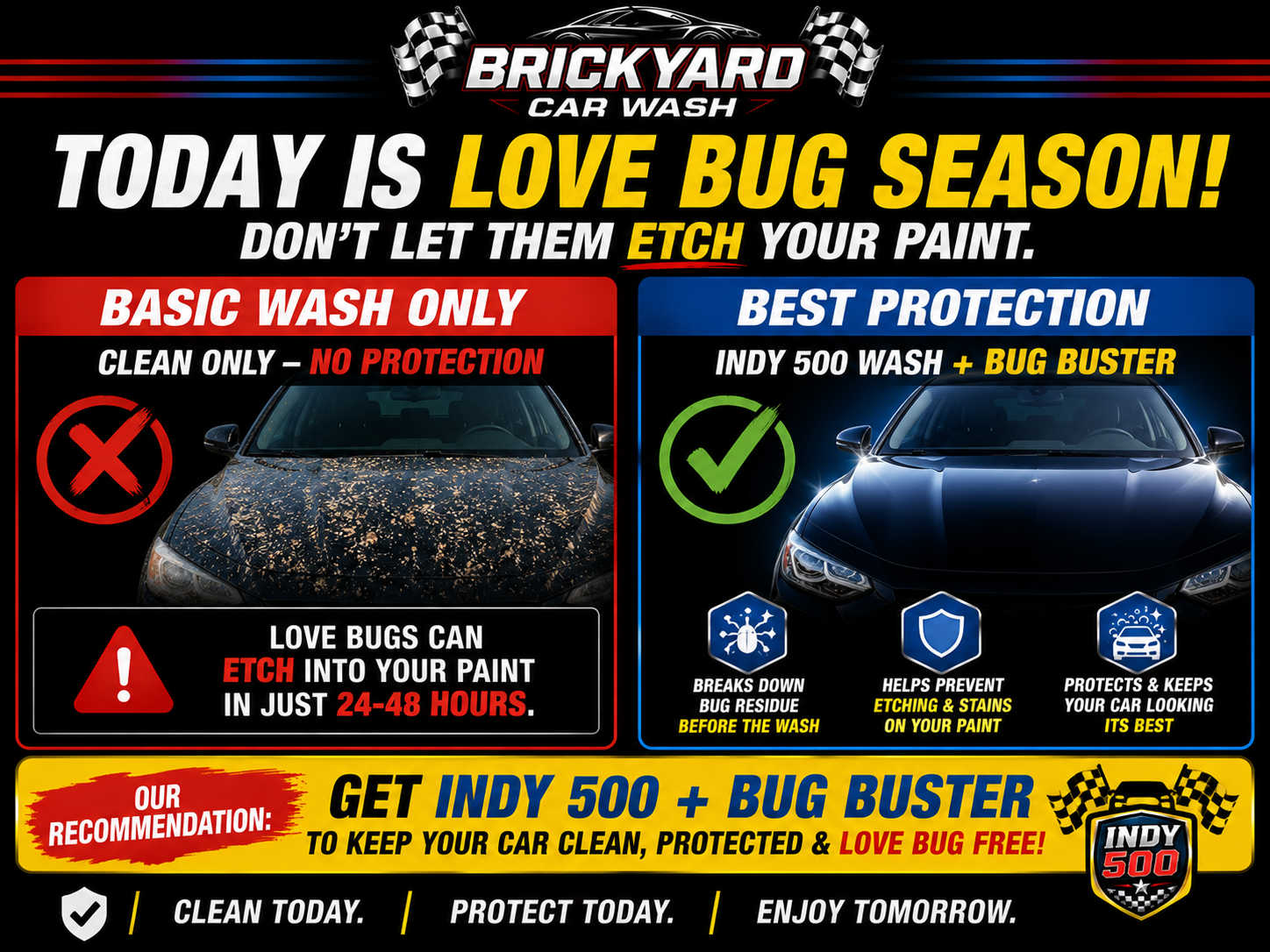 Flyer for Brickyard Auto Spa: bug season warning comparing basic wash to bug-buster protection.