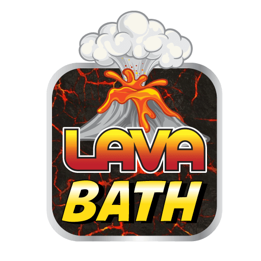 Lava Bath logo: cartoon volcano erupting orange lava with