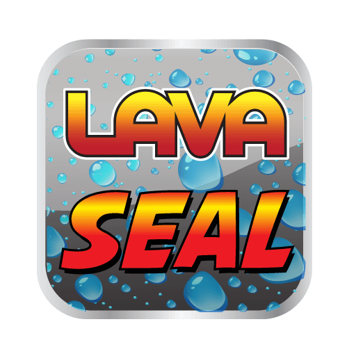 Lava Seal logo with red and orange text on a gray background with water droplets.
