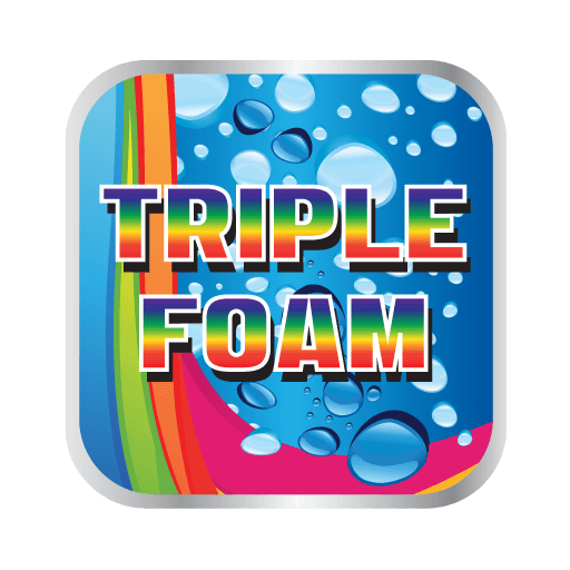 Triple Foam product label: rainbow text on blue background with bubbles and colorful arcs.