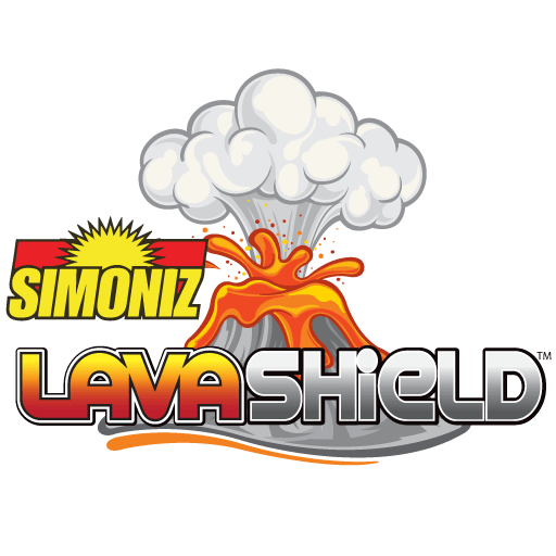 Simoniz Lava Shield logo: erupting volcano, orange lava, white smoke, yellow text, grey shield.