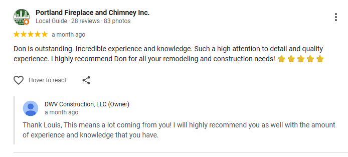 A Google review from Portland Fireplace and Chimney Inc.