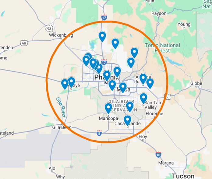 A map of phoenix , arizona with a circle around it