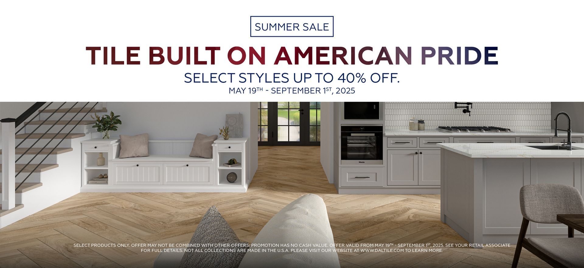 A tile built on american pride ad with a living room and kitchen.