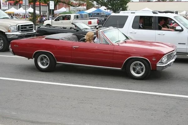 Red convertible car driving on a street with other vehicles and people in the background.