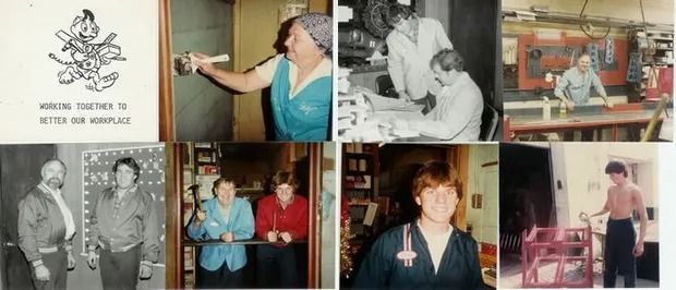 Collage of people working in various environments, including painting, woodwork, and office settings.