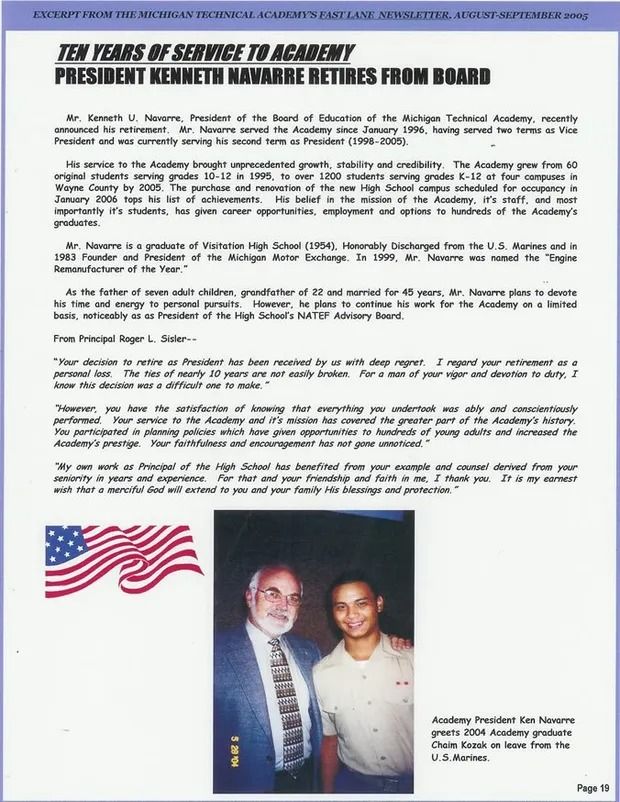 Announcement about Kenneth Hamann retiring from the Academy board. Includes photo of Hamann with a graduate.