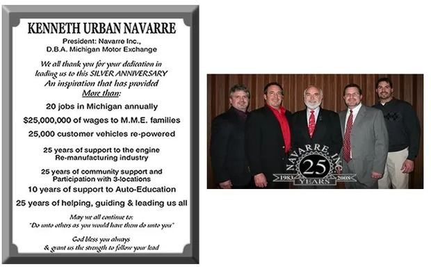 Plaque honoring Kenneth Urban Navarre for 25 years with Michigan Motor Exchange, with a group photo.