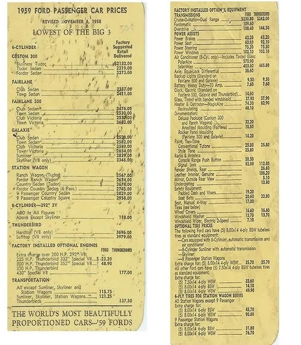 1939 Ford passenger car price list on aged paper. Includes base prices, options, and accessories.