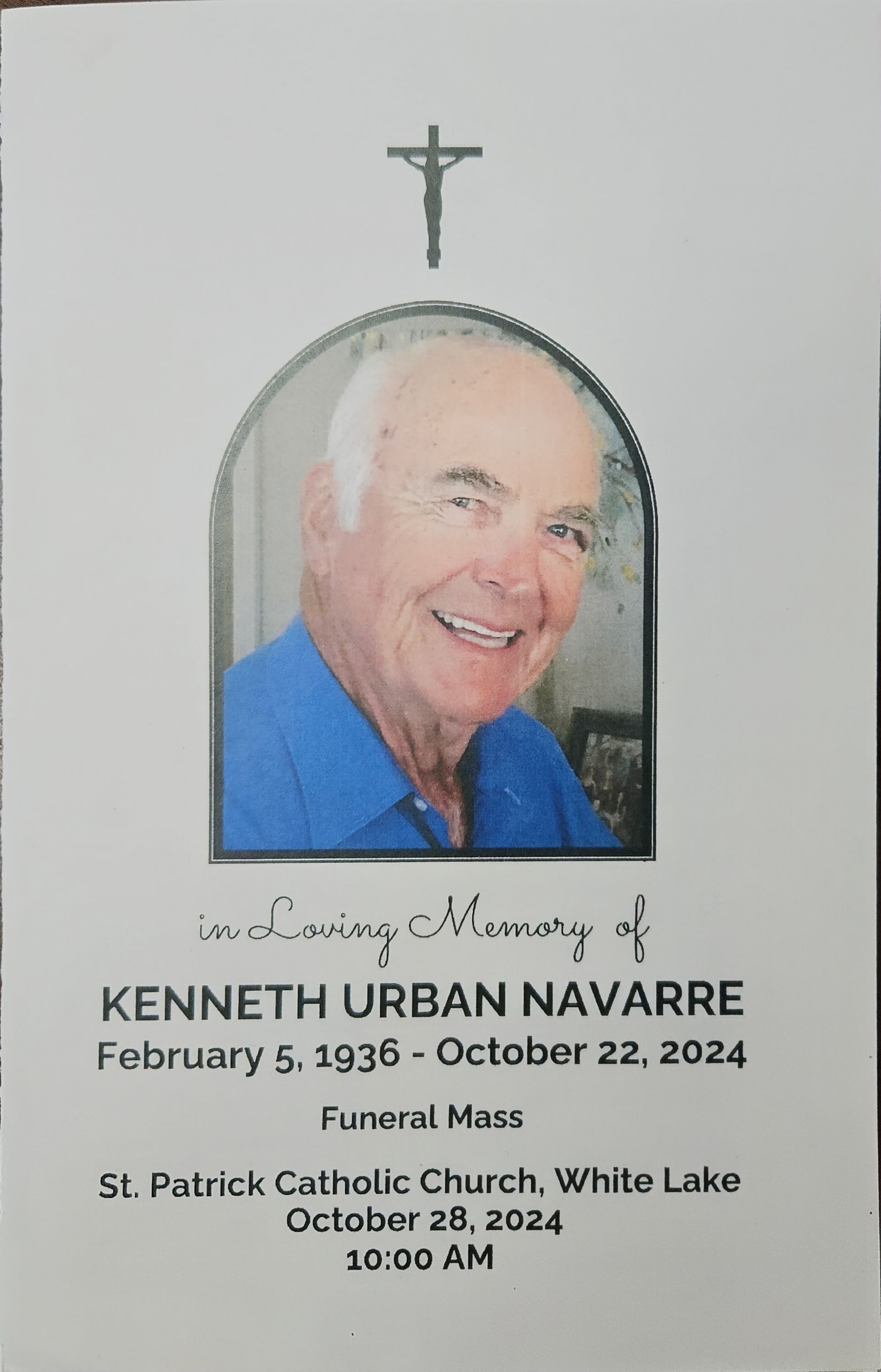 Memorial card for Kenneth Urban Navarre with photo. Funeral details: St. Patrick Catholic Church, October 28, 2024.