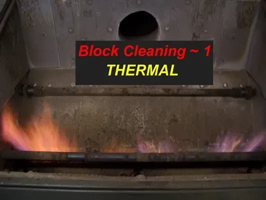 Inside of a thermal block furnace, with flames in front and labeled 