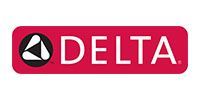 Delta logo in white on a red rounded rectangle with black circular emblem on the left