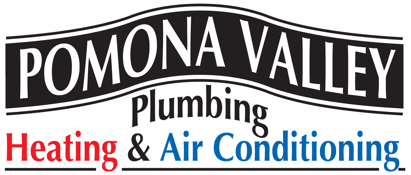 Pomona Valley Plumbing, Heating & Air Conditioning logo with black, red, and blue text