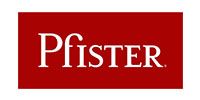 Pfister logo in white text on a red rectangular background