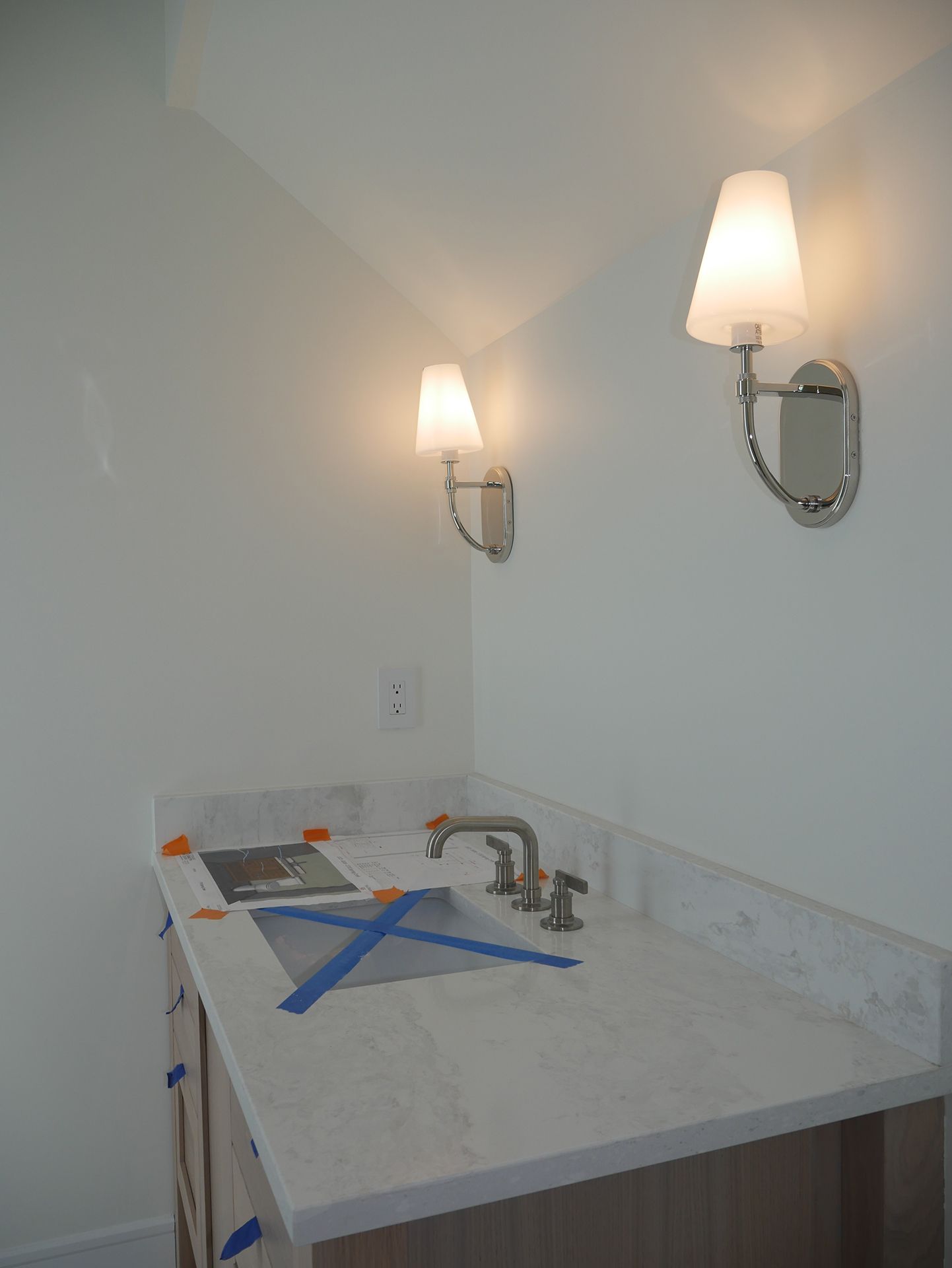 A bathroom vanity with a sink