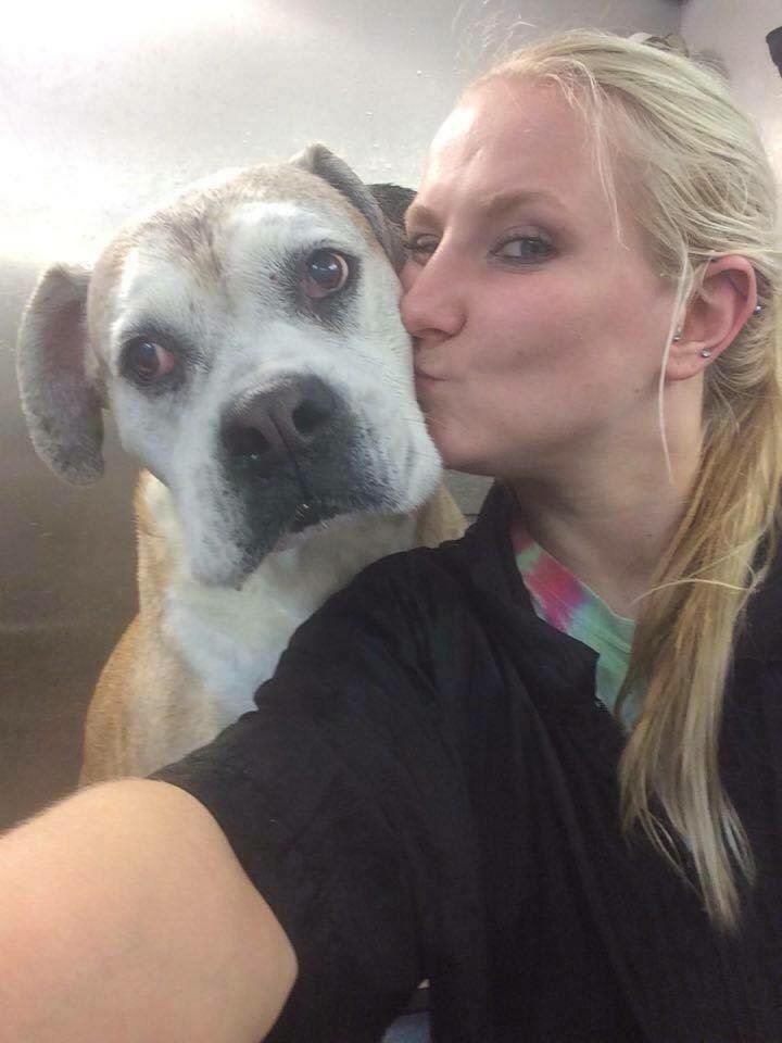 A woman is kissing a dog on the nose.