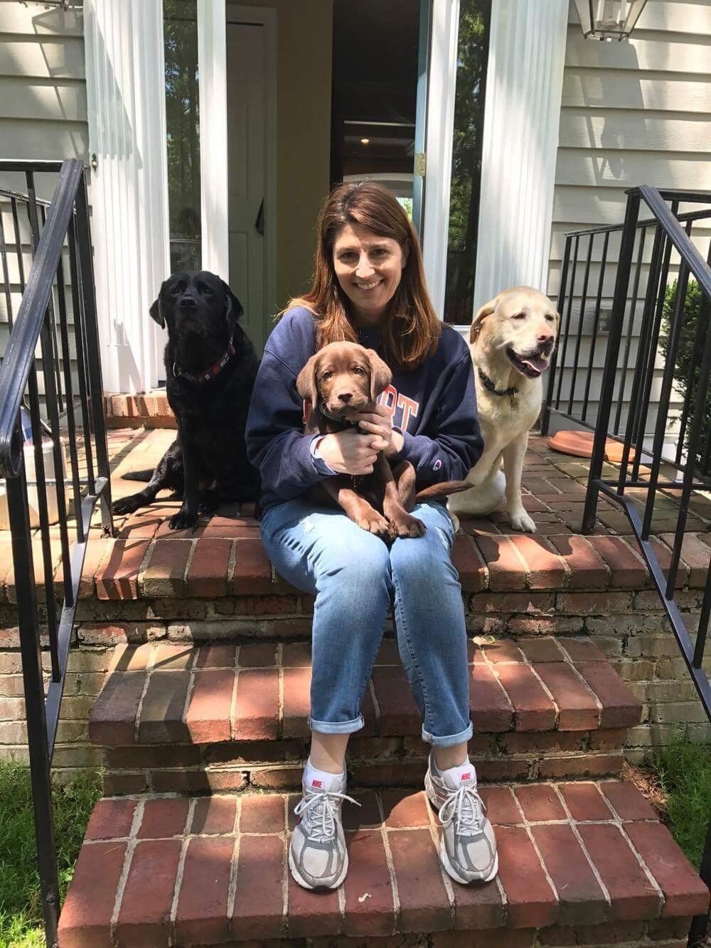 A woman is sitting on a set of stairs with three dogs.