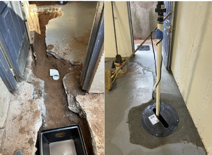 A before and after picture of a basement drain being installed.