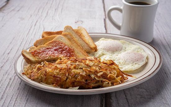 Eggs, toast with hash browns
