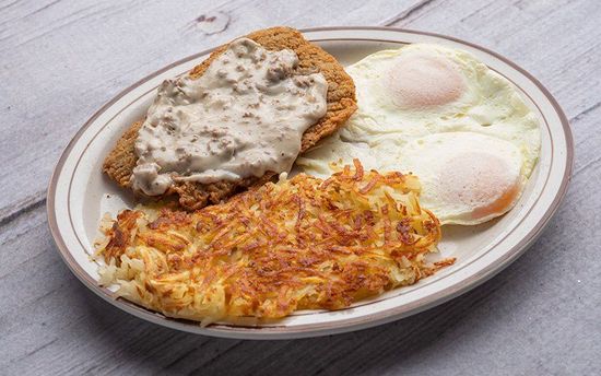 Eggs, toast with hash browns